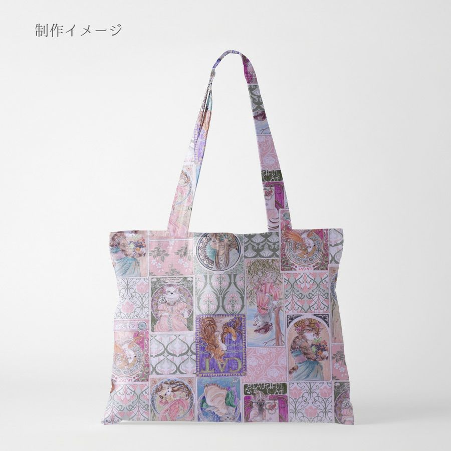 コットン生地 ミュシャ風ねこ柄(ピンク系) 10cm単位 切り売り