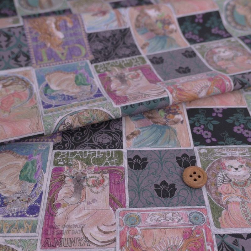 コットン生地 ミュシャ風ねこ柄(グレー系)