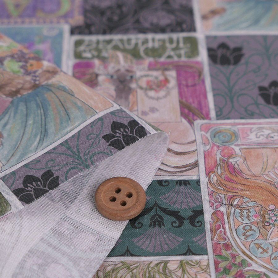 コットン生地 ミュシャ風ねこ柄(グレー系)