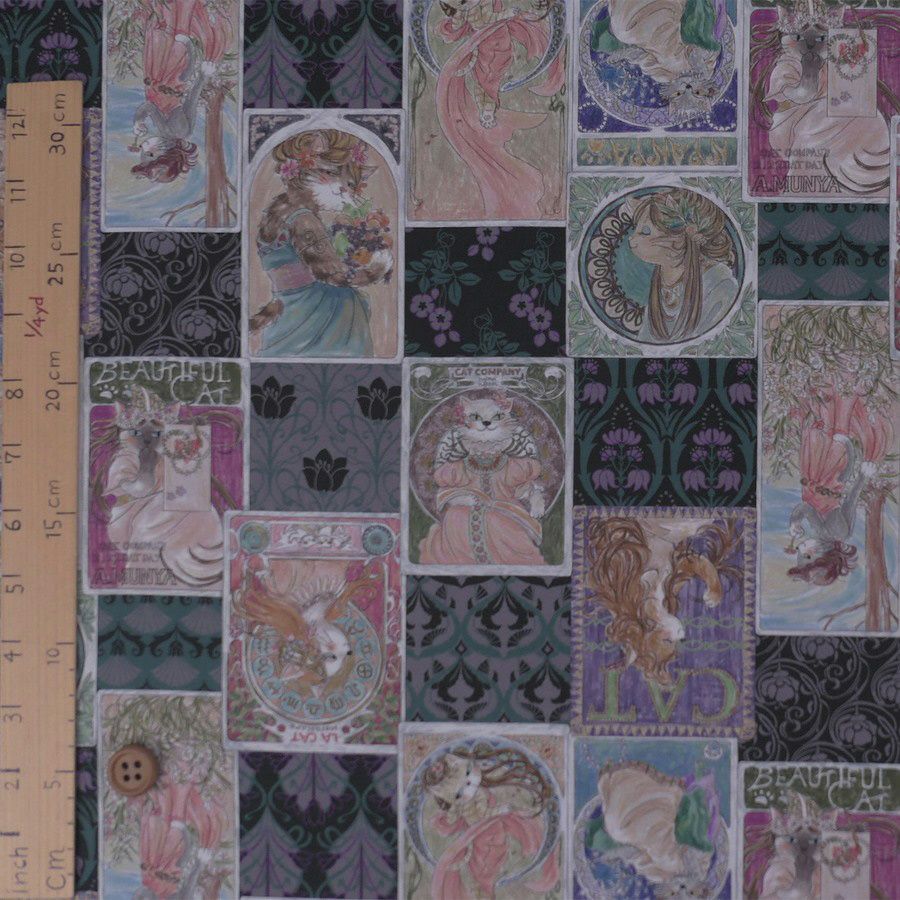 コットン生地 ミュシャ風ねこ柄(グレー系)