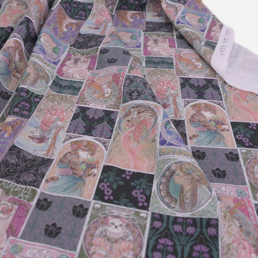 コットン生地 ミュシャ風ねこ柄(グレー系)