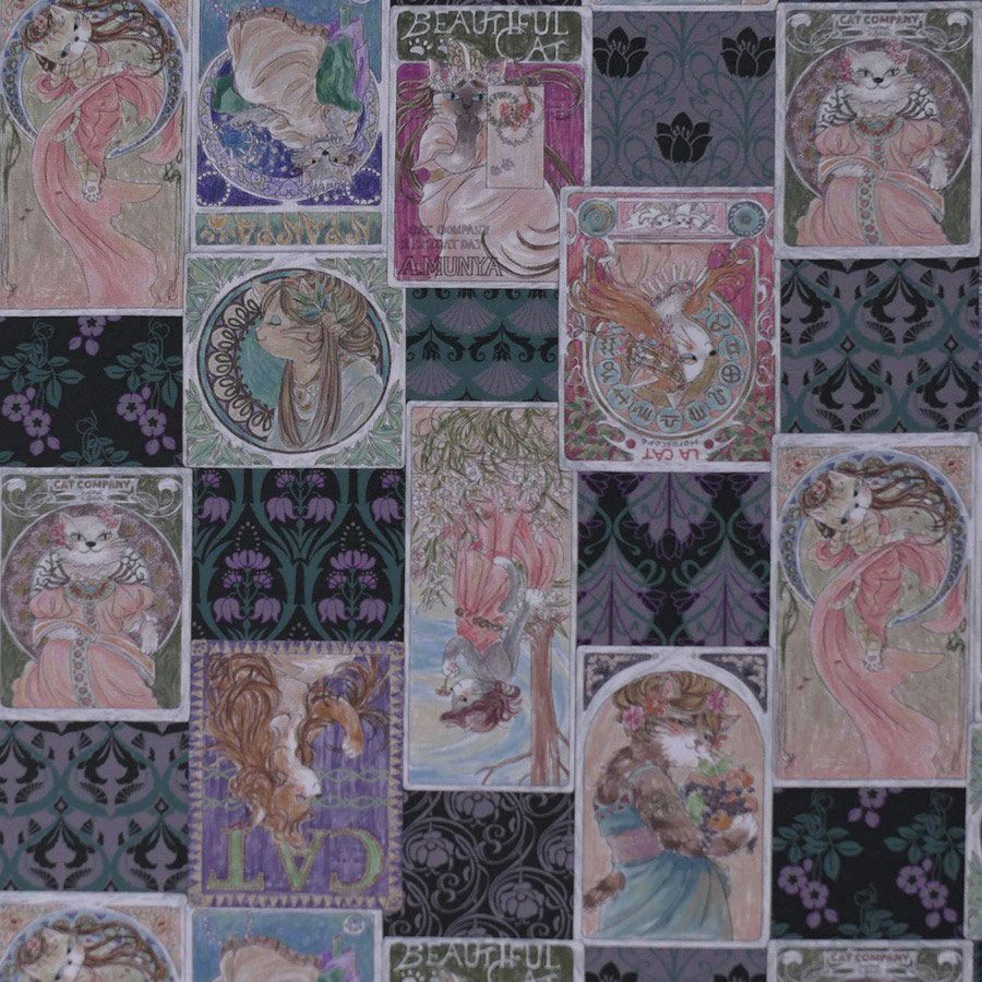 コットン生地 ミュシャ風ねこ柄(グレー系)