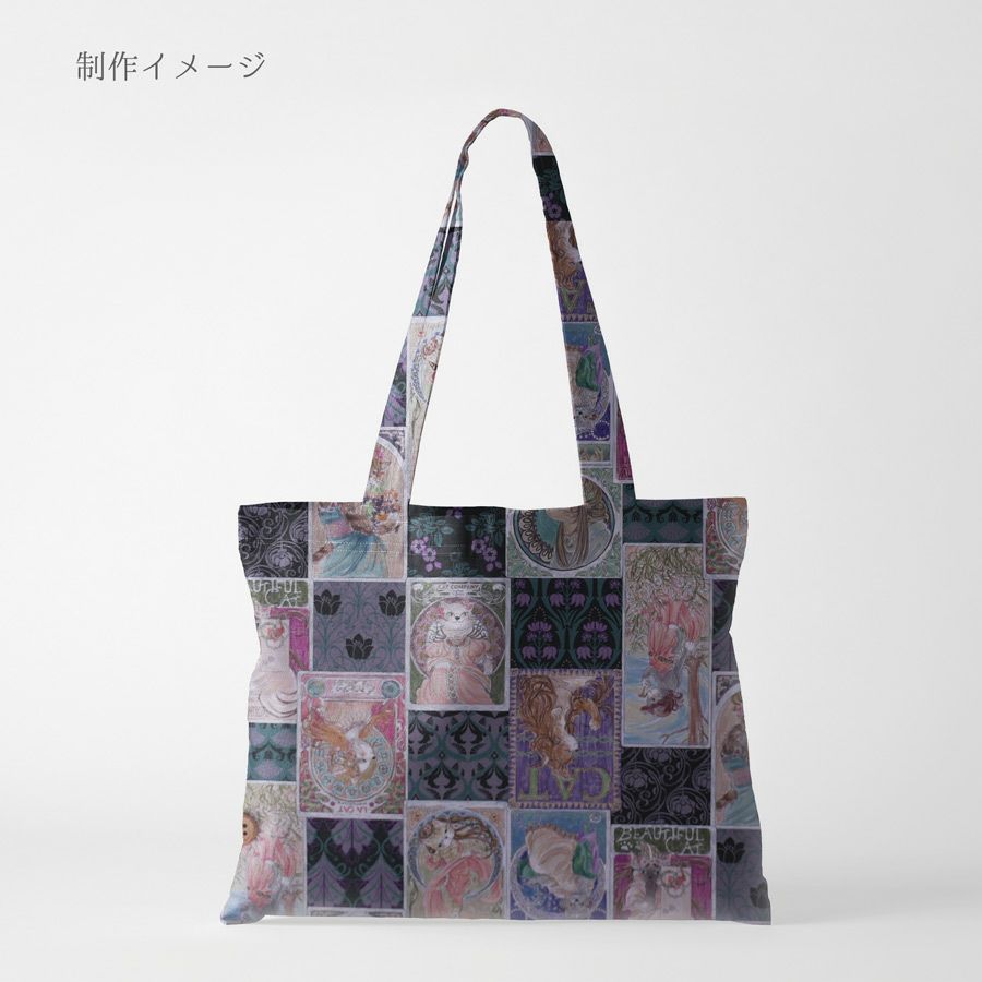 コットン生地 ミュシャ風ねこ柄(グレー系)