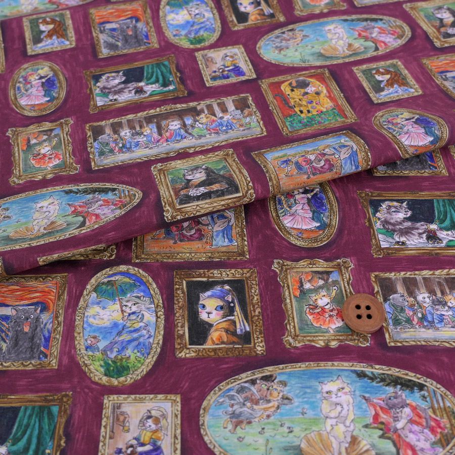  コットン生地 猫たちの名画ギャラリー(ボルドー) 10cm単位 切り売り