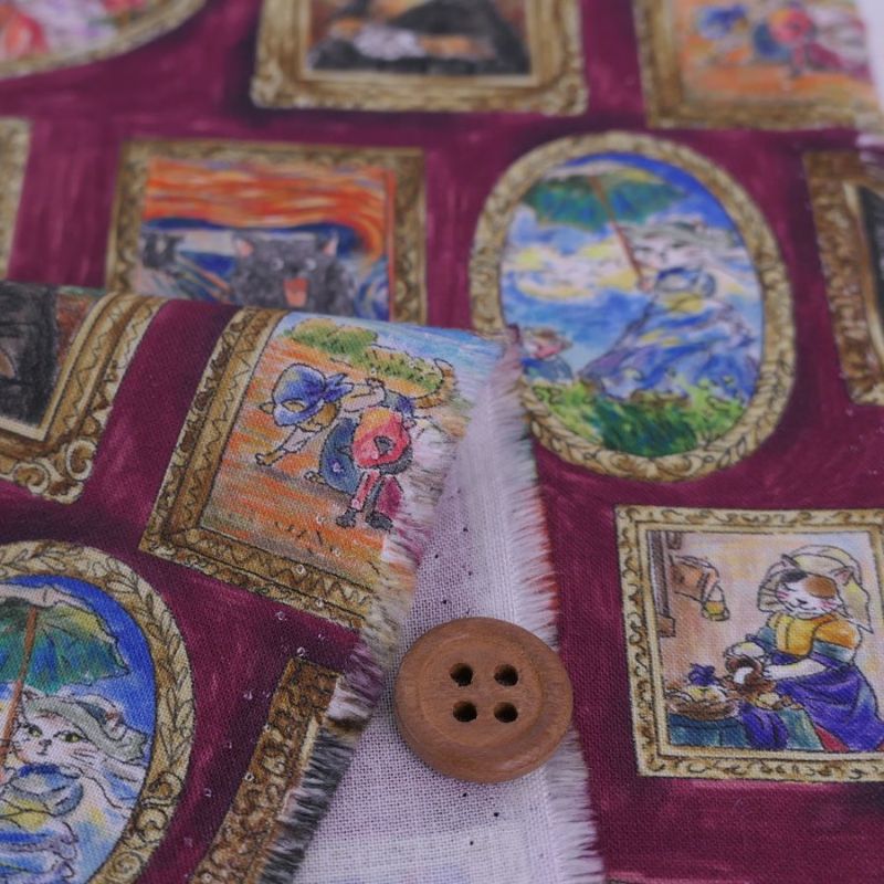  コットン生地 猫たちの名画ギャラリー(ボルドー) 10cm単位 切り売り