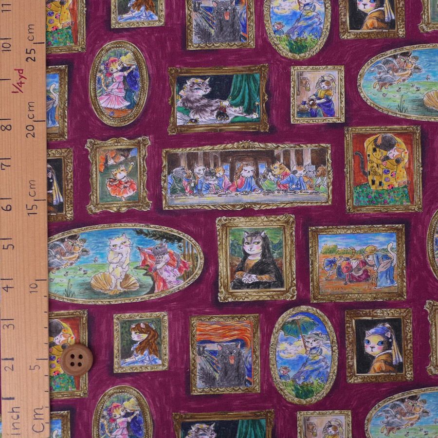  コットン生地 猫たちの名画ギャラリー(ボルドー) 10cm単位 切り売り