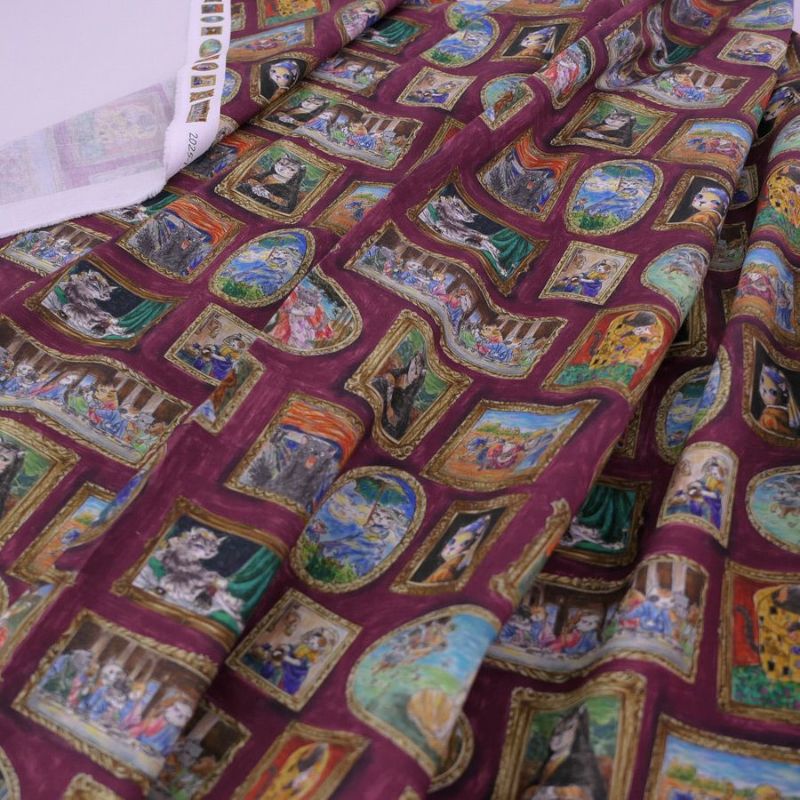  コットン生地 猫たちの名画ギャラリー(ボルドー) 10cm単位 切り売り