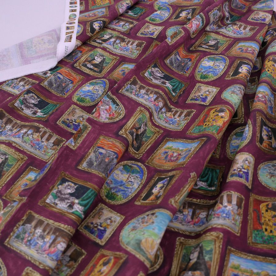  コットン生地 猫たちの名画ギャラリー(ボルドー) 10cm単位 切り売り