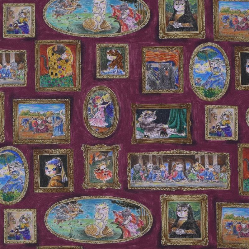  コットン生地 猫たちの名画ギャラリー(ボルドー) 10cm単位 切り売り