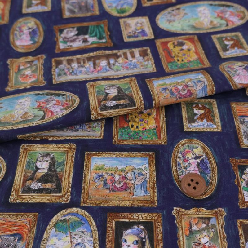 コットン生地 猫たちの名画ギャラリー(ネイビー) 10cm単位 切り売り