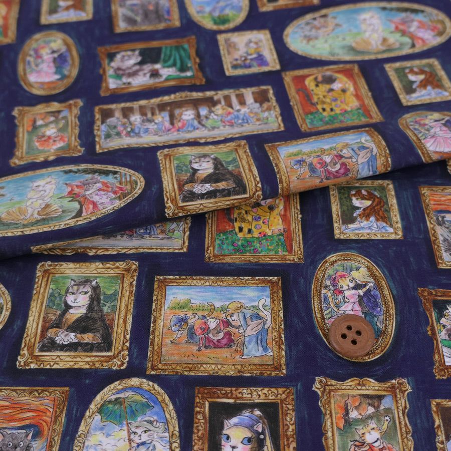 コットン生地 猫たちの名画ギャラリー(ネイビー) 10cm単位 切り売り
