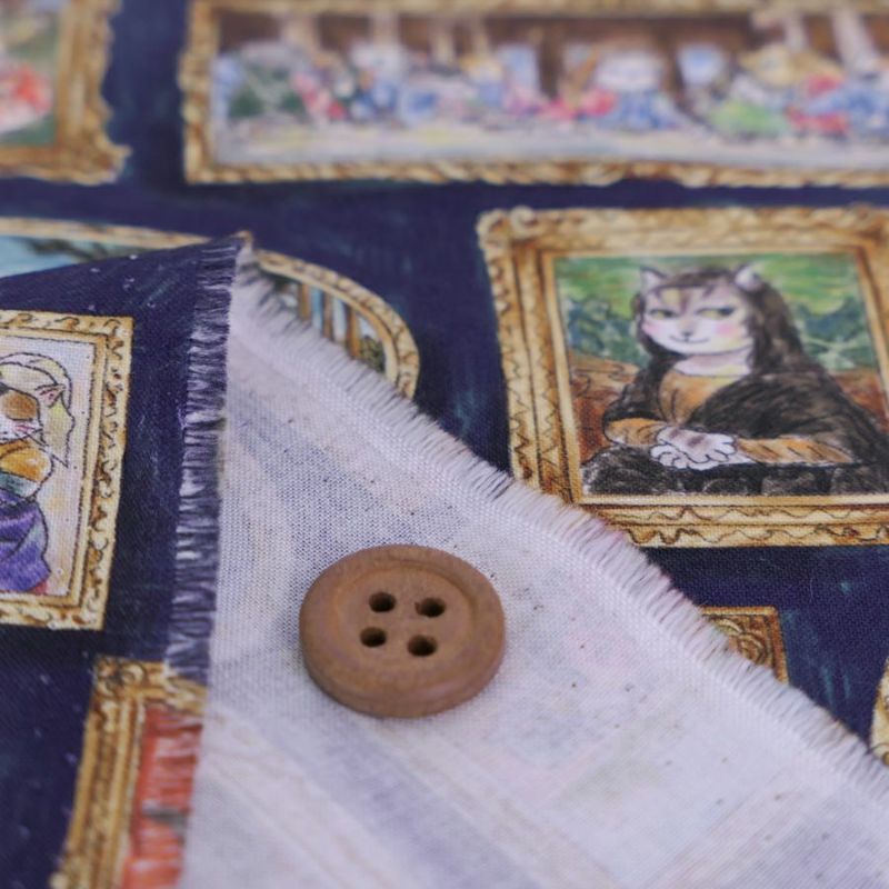 コットン生地 猫たちの名画ギャラリー(ネイビー) 10cm単位 切り売り