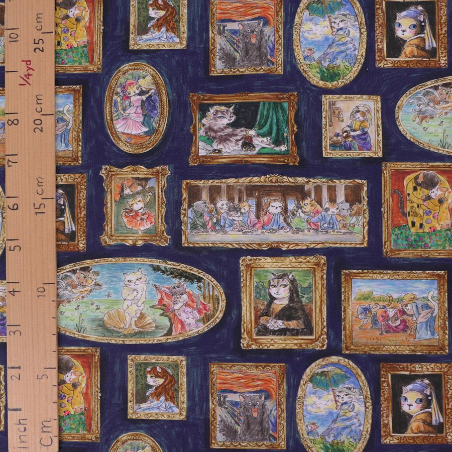 コットン生地 猫たちの名画ギャラリー(ネイビー) 10cm単位 切り売り