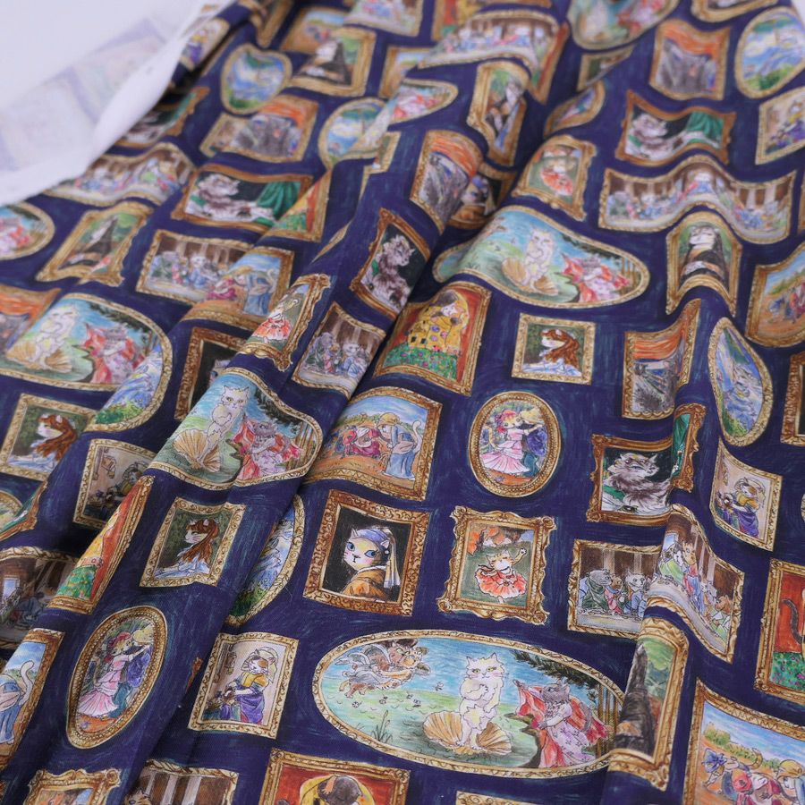 コットン生地 猫たちの名画ギャラリー(ネイビー) 10cm単位 切り売り