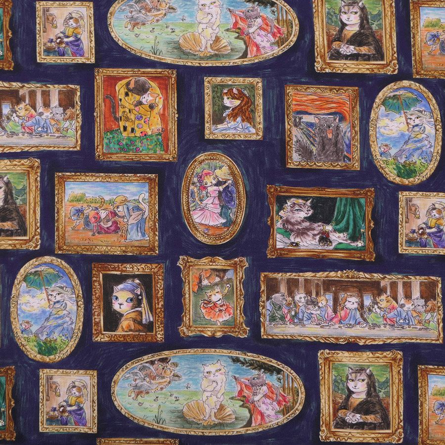 コットン生地 猫たちの名画ギャラリー(ネイビー) 10cm単位 切り売り