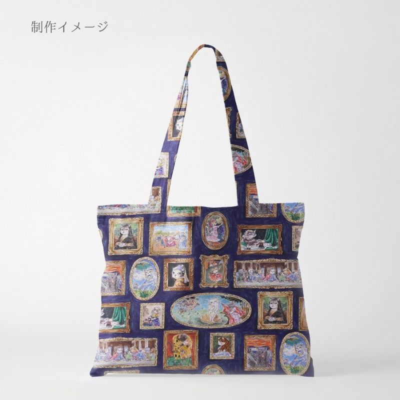 コットン生地 猫たちの名画ギャラリー(ネイビー) 10cm単位 切り売り