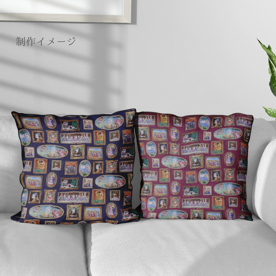 コットン生地 猫たちの名画ギャラリー(ネイビー) 10cm単位 切り売り