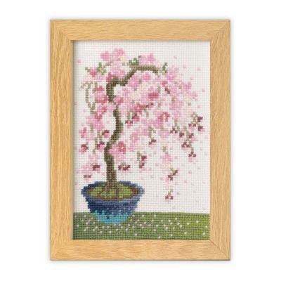 クロスステッチキット 12ヶ月の盆栽・3月 枝垂れ桜 フレーム付 |生地
