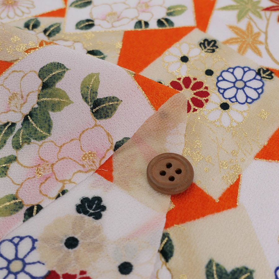  金箔一越ちりめん 色紙に花と紅葉(橙) 10cm単位 切り売り