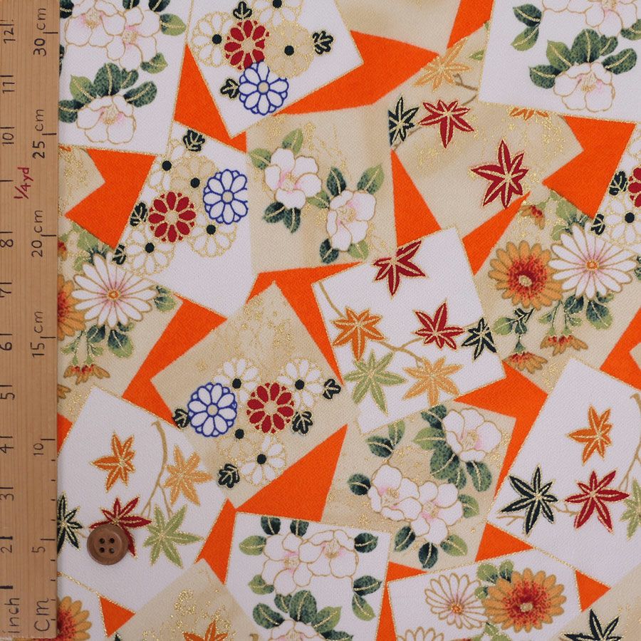  金箔一越ちりめん 色紙に花と紅葉(橙) 10cm単位 切り売り