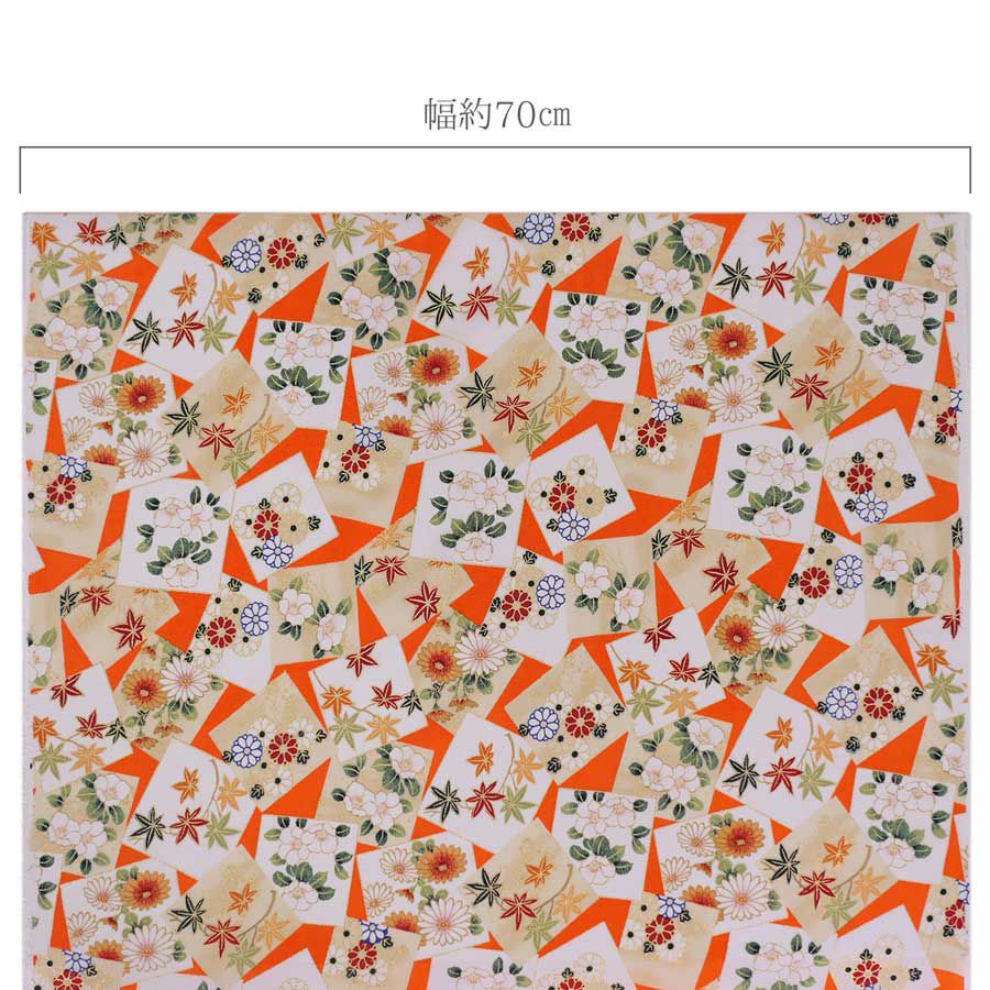  金箔一越ちりめん 色紙に花と紅葉(橙) 10cm単位 切り売り
