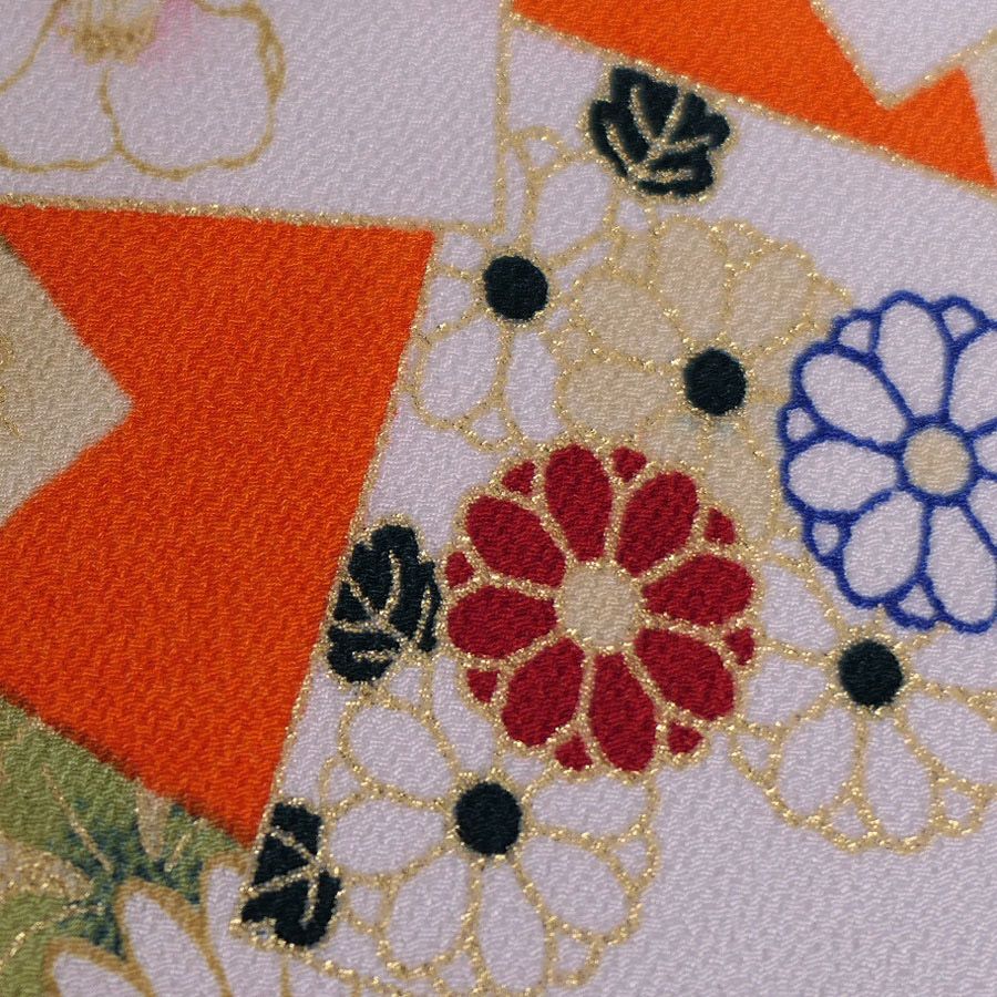  金箔一越ちりめん 色紙に花と紅葉(橙) 10cm単位 切り売り