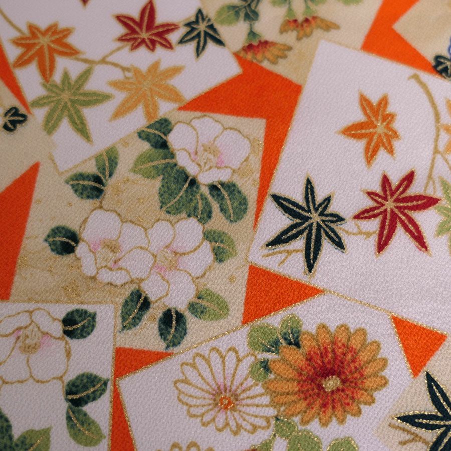  金箔一越ちりめん 色紙に花と紅葉(橙) 10cm単位 切り売り