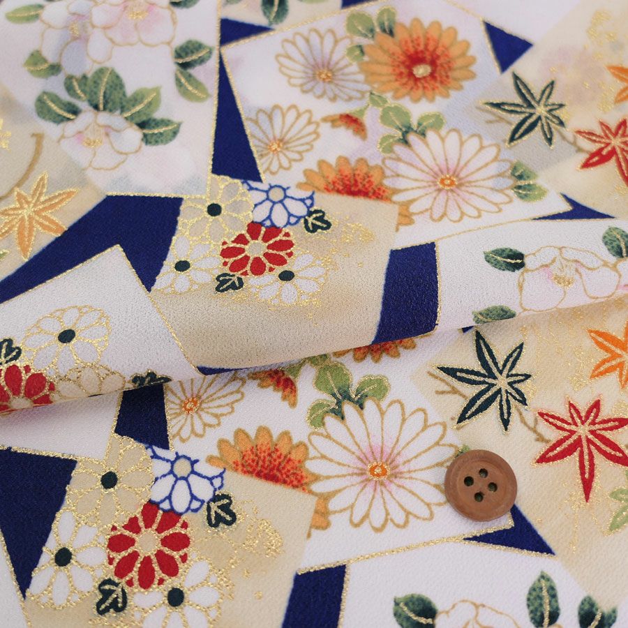 金箔一越ちりめん 色紙に花と紅葉(青) 10cm単位 切り売り