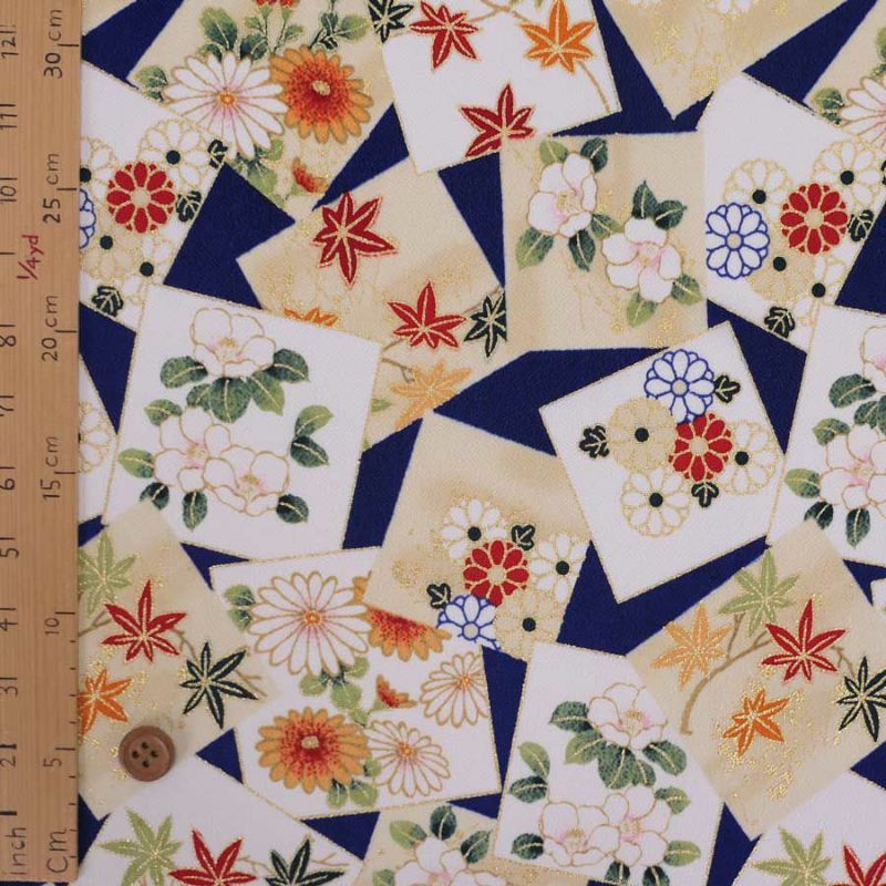 金箔一越ちりめん 色紙に花と紅葉(青) 10cm単位 切り売り