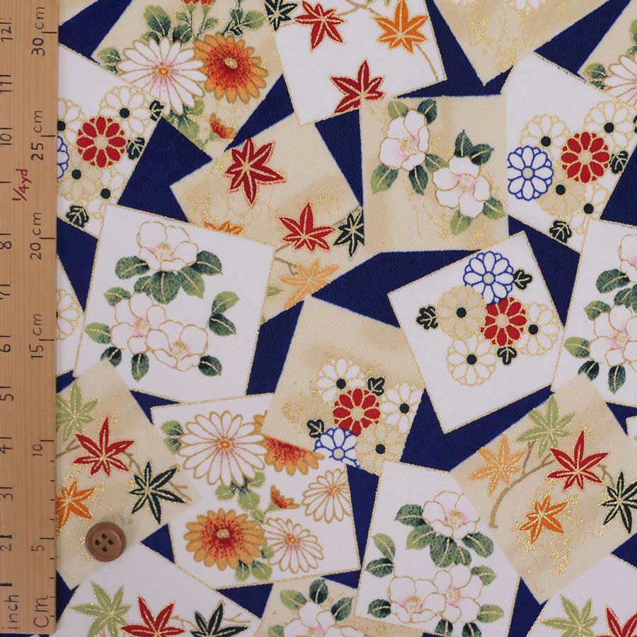 金箔一越ちりめん 色紙に花と紅葉(青) 10cm単位 切り売り