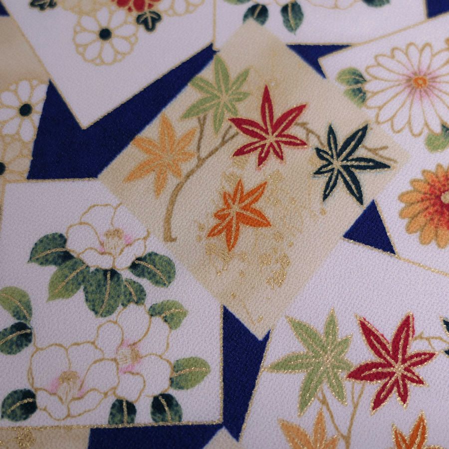 金箔一越ちりめん 色紙に花と紅葉(青) 10cm単位 切り売り