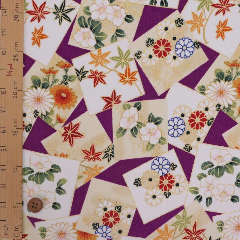 金箔一越ちりめん 色紙に花と紅葉(紫) 10cm単位 切り売り