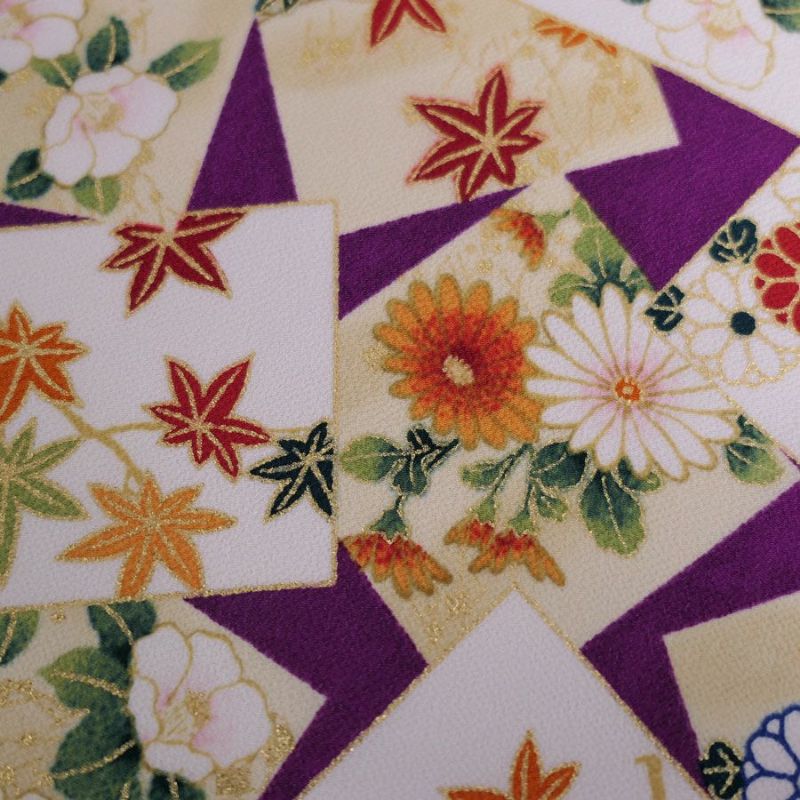 金箔一越ちりめん 色紙に花と紅葉(紫) 10cm単位 切り売り