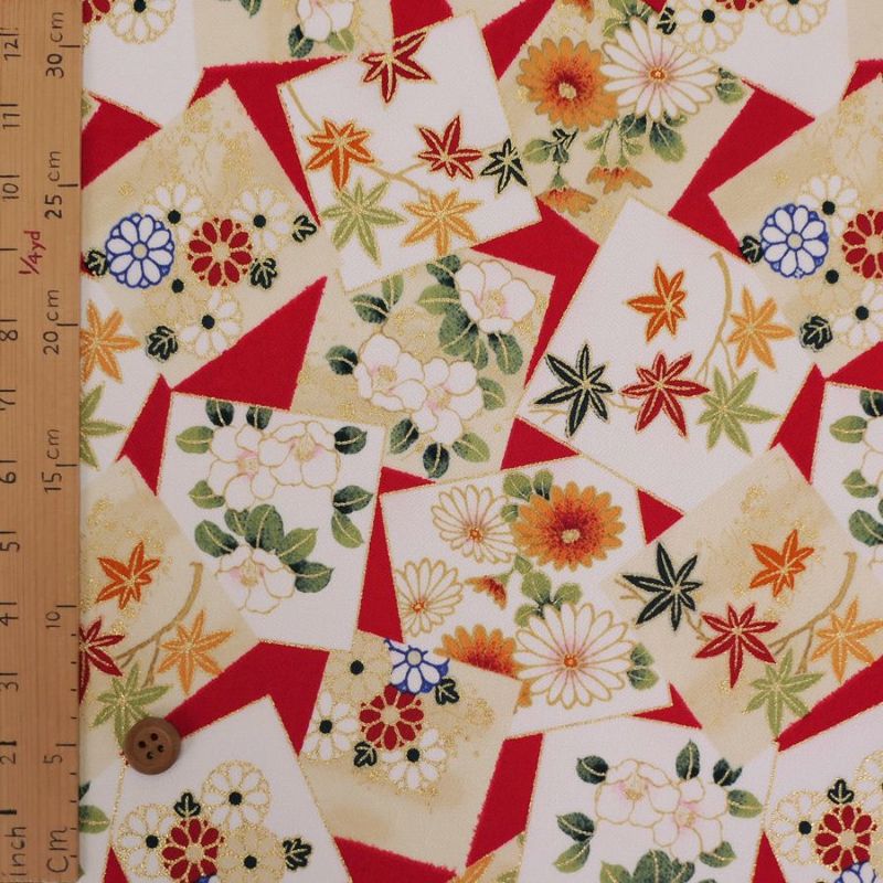 金箔一越ちりめん 色紙に花と紅葉(赤) 10cm単位 切り売り