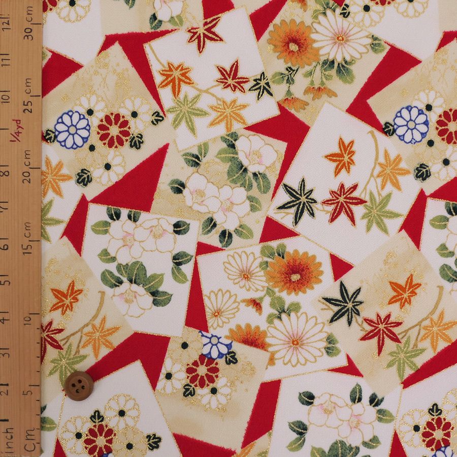 金箔一越ちりめん 色紙に花と紅葉(赤) 10cm単位 切り売り