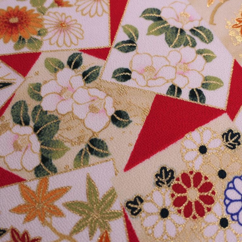 金箔一越ちりめん 色紙に花と紅葉(赤) 10cm単位 切り売り