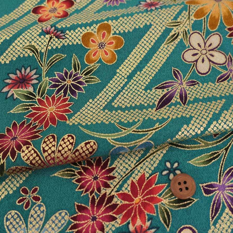 金箔一越ちりめん 金の稲妻かのこに花と蝶(青緑)