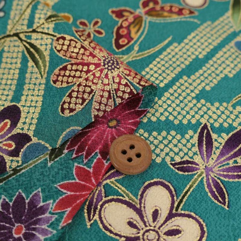 金箔一越ちりめん 金の稲妻かのこに花と蝶(青緑)