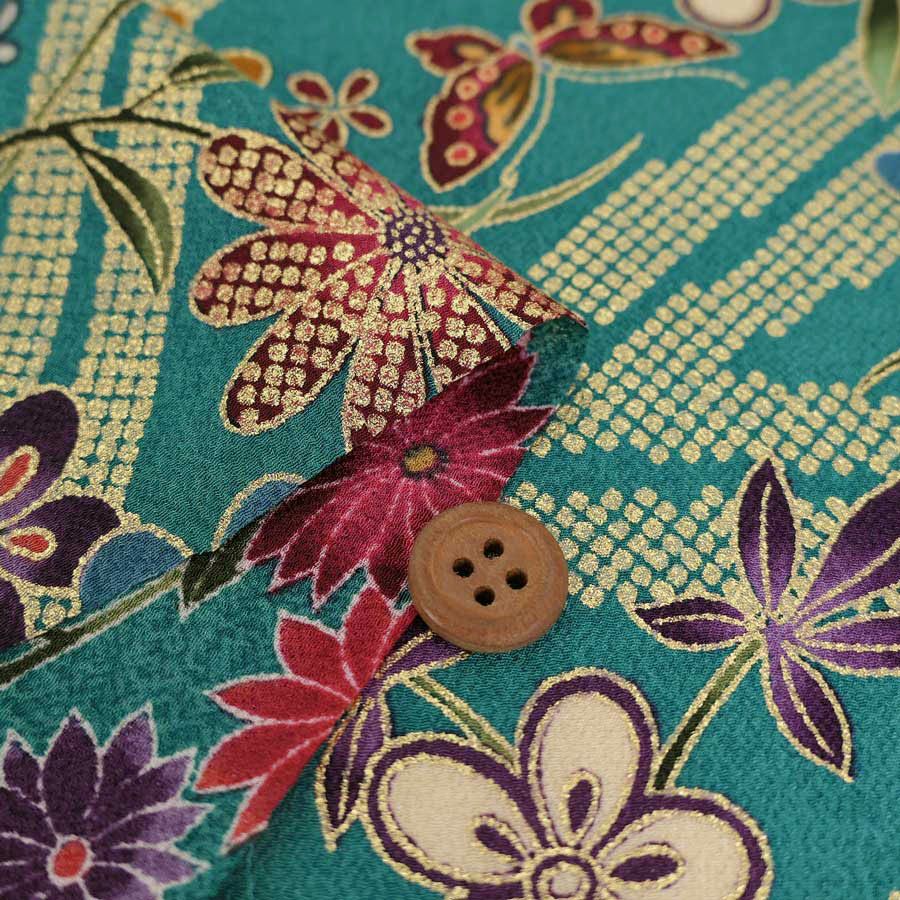 金箔一越ちりめん 金の稲妻かのこに花と蝶(青緑)