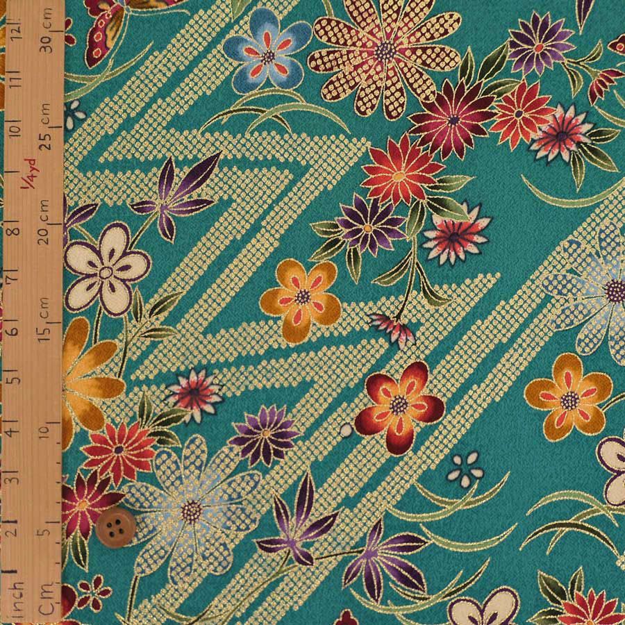 金箔一越ちりめん 金の稲妻かのこに花と蝶(青緑)