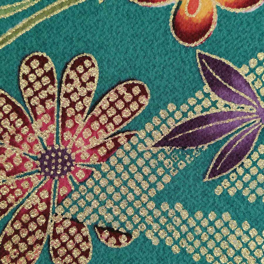 金箔一越ちりめん 金の稲妻かのこに花と蝶(青緑)