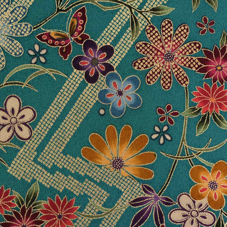 金箔一越ちりめん 金の稲妻かのこに花と蝶(青緑)