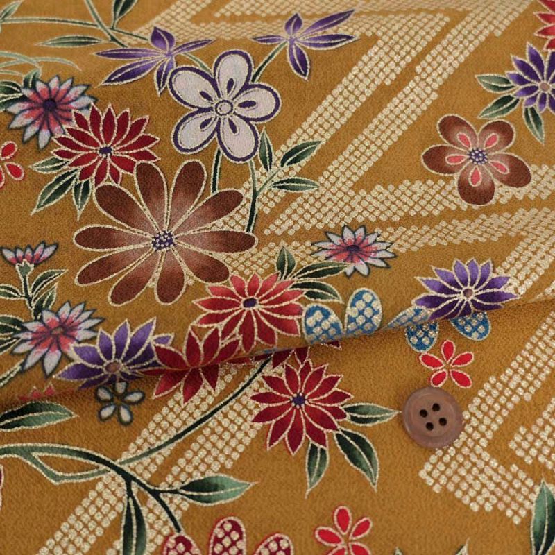 金箔一越ちりめん 金の稲妻かのこに花と蝶(金茶) 10cm単位 切り売り