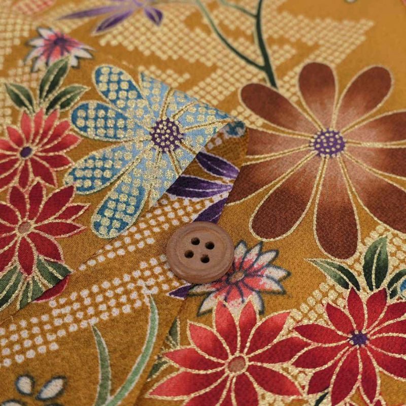 金箔一越ちりめん 金の稲妻かのこに花と蝶(金茶) 10cm単位 切り売り