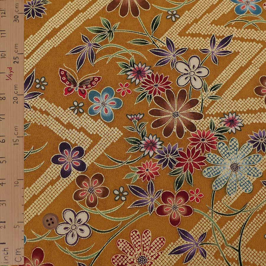 金箔一越ちりめん 金の稲妻かのこに花と蝶(金茶) 10cm単位 切り売り