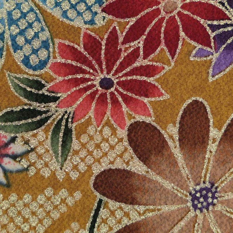 金箔一越ちりめん 金の稲妻かのこに花と蝶(金茶) 10cm単位 切り売り