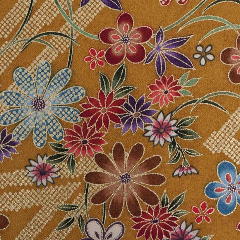 金箔一越ちりめん 金の稲妻かのこに花と蝶(金茶) 10cm単位 切り売り