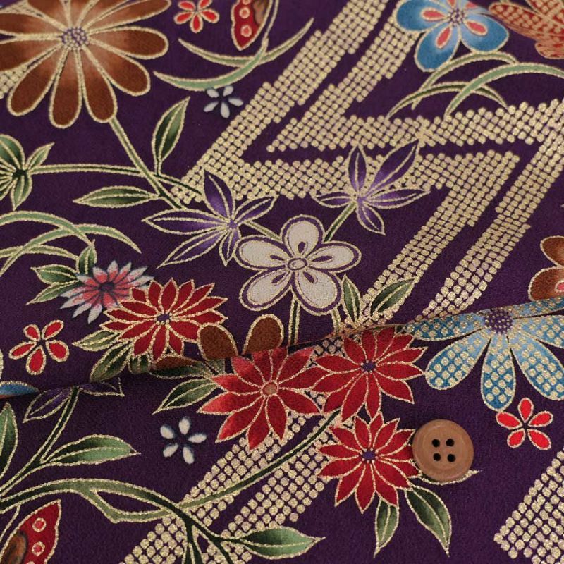 金箔一越ちりめん 金の稲妻かのこに花と蝶(深紫) 10cm単位 切り売り