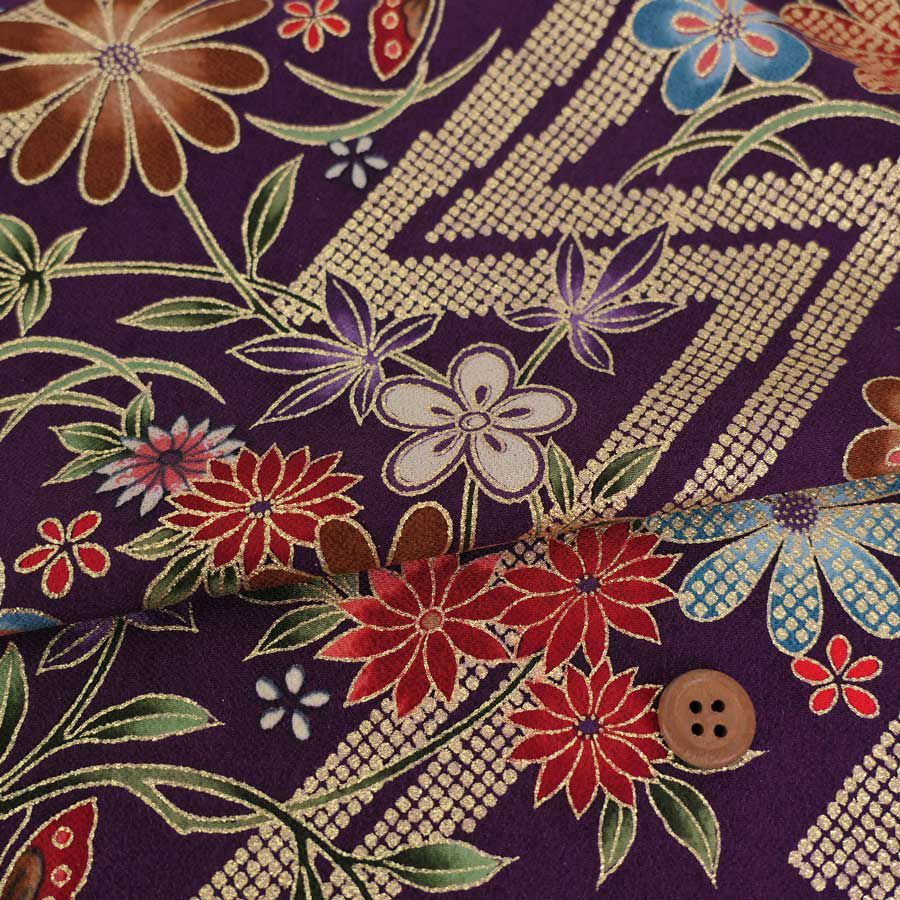 金箔一越ちりめん 金の稲妻かのこに花と蝶(深紫) 10cm単位 切り売り