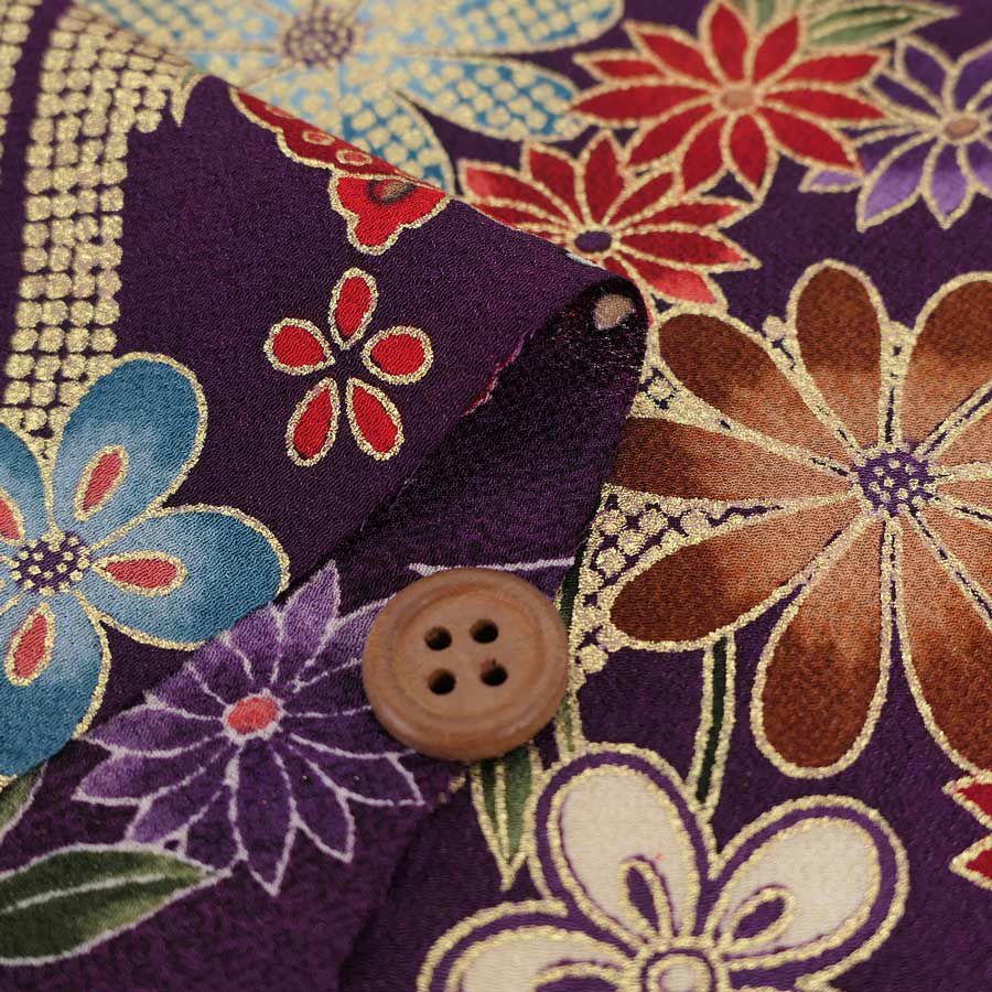 金箔一越ちりめん 金の稲妻かのこに花と蝶(深紫) 10cm単位 切り売り